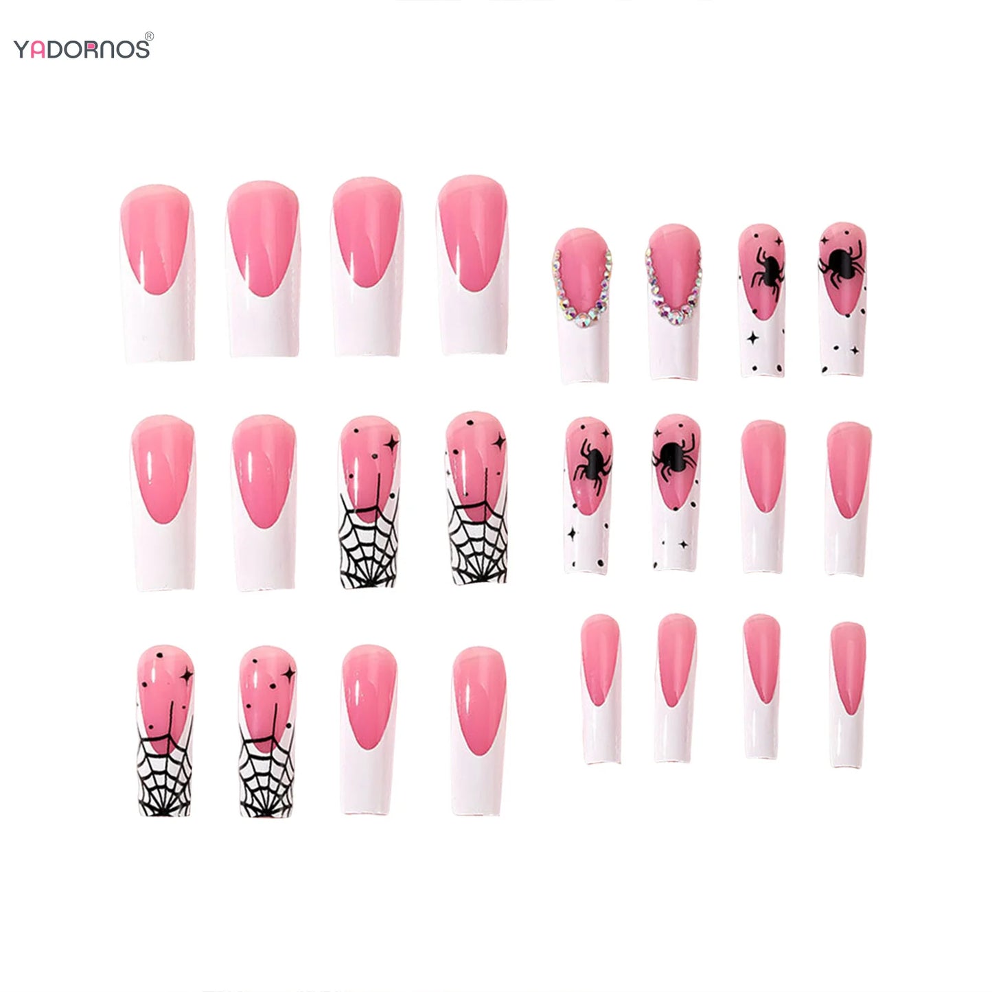 Long Coffin False Nails Tips White French Style Press on Nails Black Spider Web Pink Charms Fake Nails for Women Halloween Party