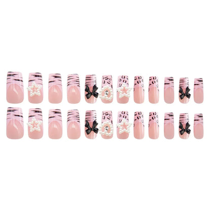 24Pcs French False Nails Pink Zebra Pattern Press on Nails Medium Square Coffin False Nails Y2k Artificial Full Cover Nail Tips