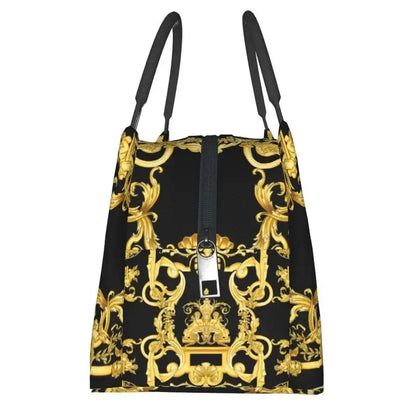 Luxury Golden Europe Floral Insulated Lunch Bag for Work Office Leakproof Thermal Cooler Lunch Box Women