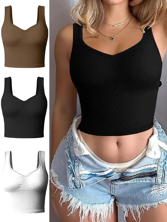 3 PCS Women's Crew Neck Basic Cropped Tank Tops Sleeveless Ribbed Fitted Workout Tops