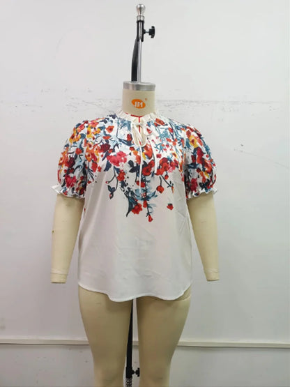 GIBSIE Plus Size Floral Print Tie Neck Puff Sleeve Tops Women 2024 New Summer Holiday Boho Casual Loose Female Blouses Shirts