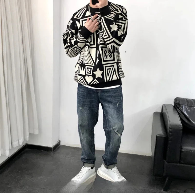 2024 Spring and Autumn New PatternFashion Casual Contrast Color Printed Chao Pai All-match Sweater Men's O-Neck Pullovers Tops