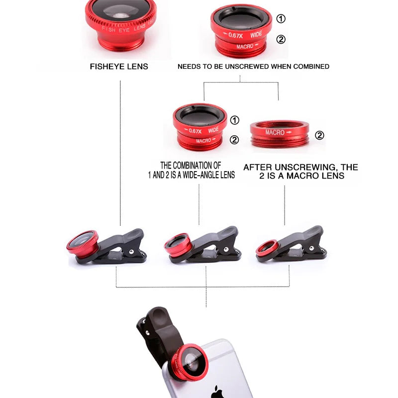 3in1 Fisheye Lens Wide Angle Micro Camera Lens for iPhone Samsung Xiaomi Zoom Fish Eye Len for Smartphone Lenses with Phone Clip