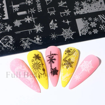 Christmas Nails Stamping Plates Snowflakes Elk New Year Letters Template Xmas Light Ball Gift Design Stamp Printing Stencil Tool