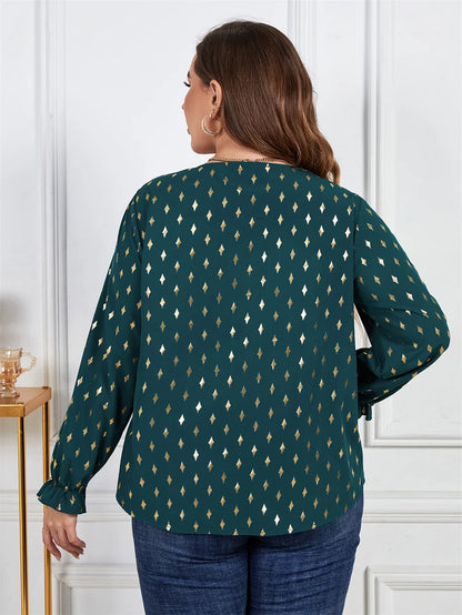 GIBSIE Plus Size Gold Print Frill Trim V-Neck Blouse Women Spring Fall Buttons Casual Long Sleeve Ladies Tops And Blouses 2023