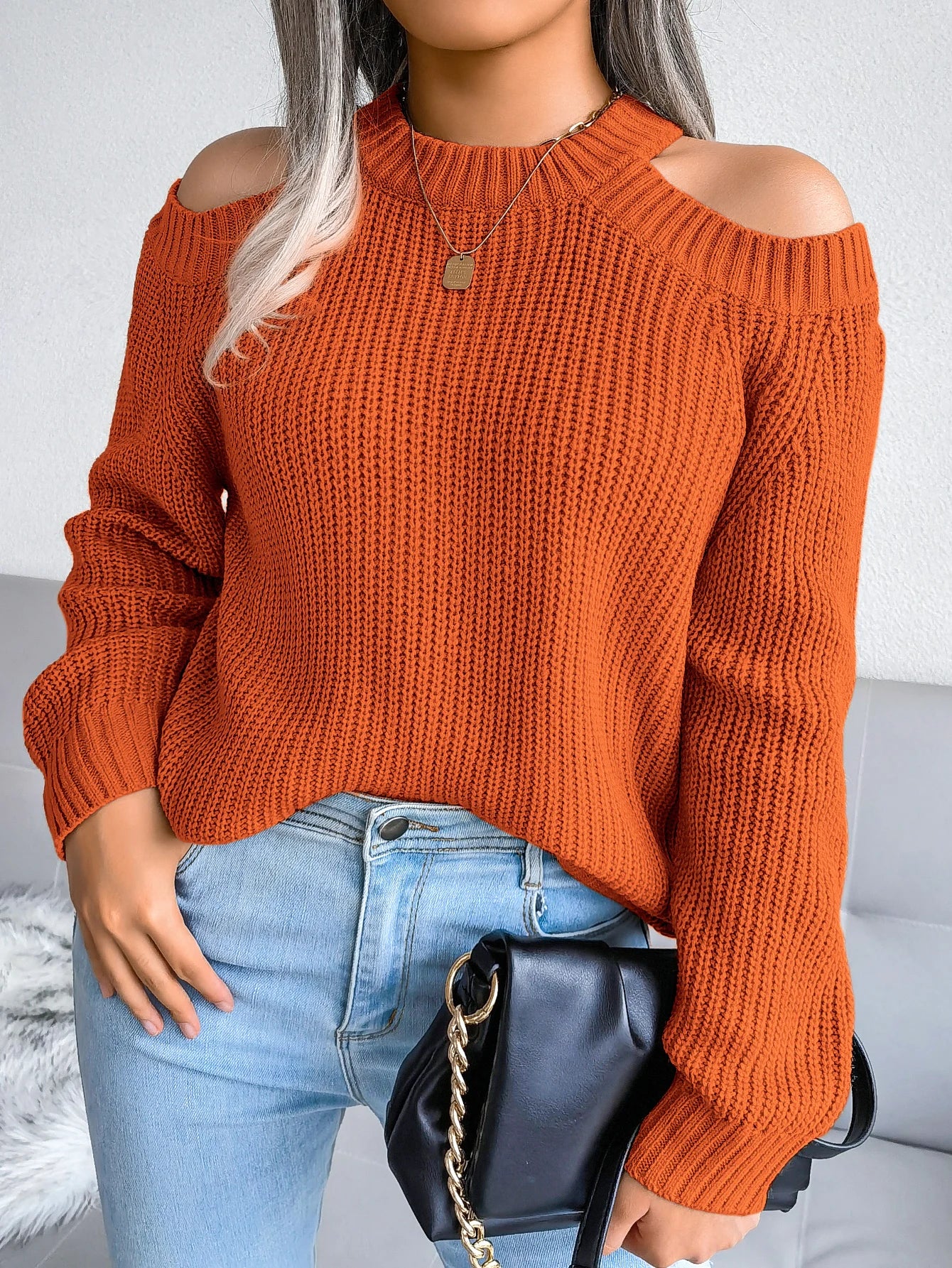 Autumn Winter Casual Solid Color Crew Neck Off Shoulder Long Sleeve Knitted Pullover For Women Sweater Top