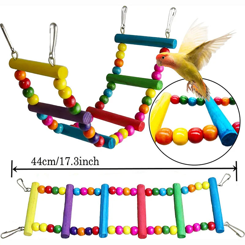 7pcs Pack Wood Parrot Toys Bird Toy Cage Bird Accessories  Swing Suspension Bridge Ball Cage Bells Pet Supplies Set