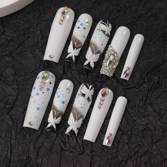 10Pcs White Y2K False Nails Butterfly Super Long Coffin Press on Nails Rhinestone Wearable Fake Nails Party Drama Finger Nail