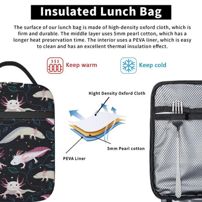 Axolotl In Pocket Insulated Lunch Bags for Women Amphibian Exotic Animal Resuable Thermal Cooler Bento Box Kids School Children