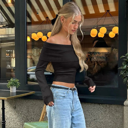 Sexy Tops Off Shoulder Long Sleeve Sweater Women's Autumn Winter 2024 New Elegant Knitted Slim Fit Short Skinny Pullover