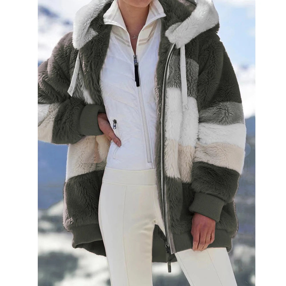 Winter Fashion Women's Coat 2024 Hooded Zipper Ladies Jacket Spliced Thick Cashmere Women Jacket Stitching Plaid Ladies Coats