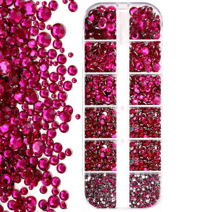 12grids Red Nail Gems Rhinestones 2/3/4/5mm Flat-Back Nail Crystal Diamond SS6/10/16/20/30 Mixed Luxury Glass Rhinestones Charms