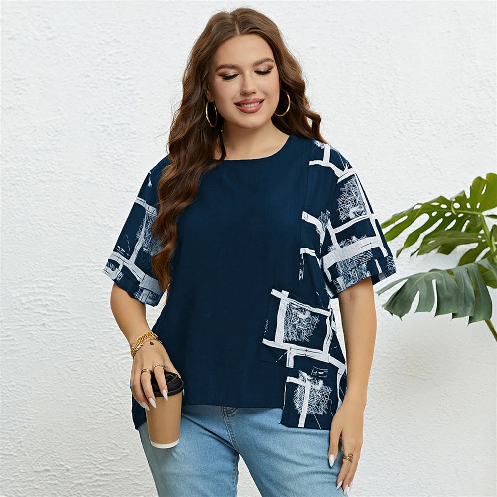 GIBSIE Plus Size Patch Pocket Loose Print T Shirt Women Summer New Fashion Korean O-Neck Short Sleeve Female Casual Tops 2023