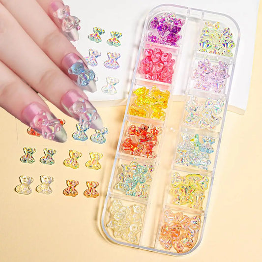 6/12Grids Aurora Bear Rhinestones Nail Charms 3D Resin Kawaii Bear Press on Nails DIY Jewelry Manicure Parts Nail Art Decoration