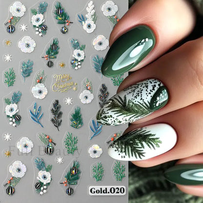 5D Blue Snowflakes Stickers for Nails Aurora Christmas Flowers Leaf Sliders New Year Adhesive Decals Xmas Manicure Decor Tips