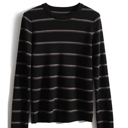 New Autumn and Winter Fashion Retro Contrast Stripe Round Neck Versatile Slim and Simple Women's Knitted Long Sleeve Sweater