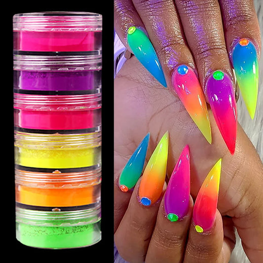 Neon Phosphor Pigment Powder Set 6colors/kit Fluorescent Rainbow Gradient Nails Powder for Acrylic Nails Art/Eyeshadow Makeup #&