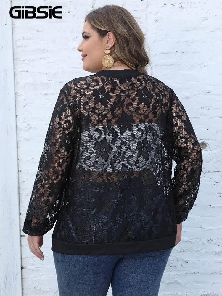 GIBSIE Plus Size Black Long Sleeve Lace Top Women Blouses Sexy See Through Mesh Open Front Spring Fall Casual Cardigan Outwear