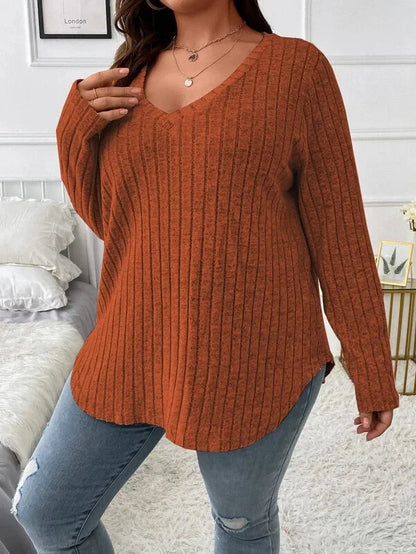 GIBSIE Plus Size Women's Casual V-Neck Long Sleeve Tees Shirt 2024 Spring Autumn Fashion Loose Ribbed Knit Tops for Women