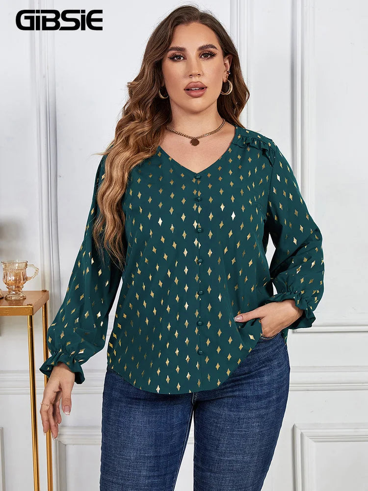 GIBSIE Plus Size Gold Print Frill Trim V-Neck Blouse Women Spring Fall Buttons Casual Long Sleeve Ladies Tops And Blouses 2023