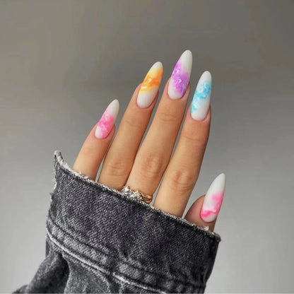 24Pcs Rainbow Almond False Nails with Glue Long Simple Fake Nails French Acrylic Nail Press on Full Over Wearable Nail Tips