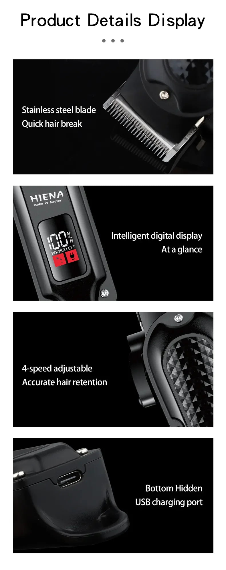 Hiena HYN-212 Electric Hair Clipper UBS Rechargeable Cordless Beard Trimmer Men Powerful Electric Hair Clipper Trimming Tool