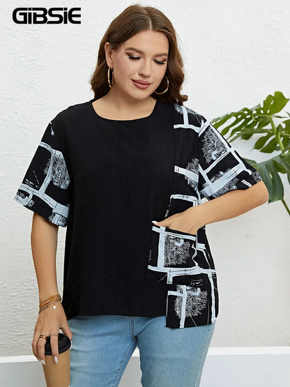 GIBSIE Plus Size Patch Pocket Loose Print T Shirt Women Summer New Fashion Korean O-Neck Short Sleeve Female Casual Tops 2023