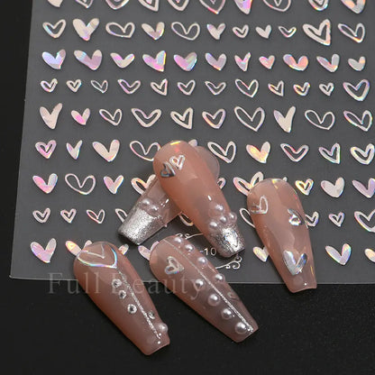 3D Holographic Silver Wave Lines Nail Sticker Decor Laser Heart Star Moon Adhesive Sliders Metal Geometry Stripe Manicure TH182