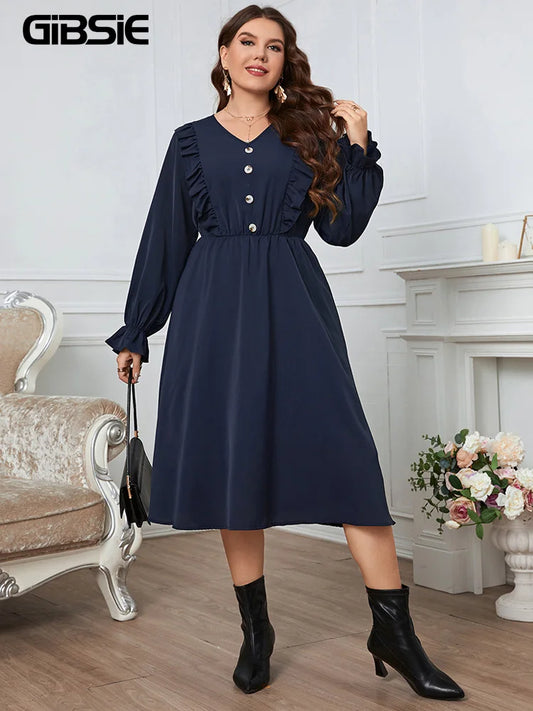 GIBSIE Plus Size Solid Button Front Frill Trim Midi Dresses Women Spring Fall Casual Long Sleeve Female Elastic A-Line Dress