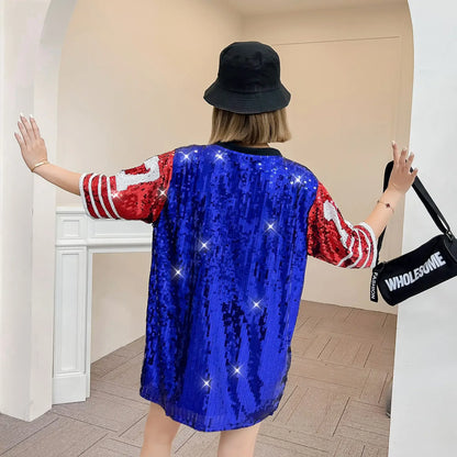 2023 New Sequins Digit Patchwork Round Neck Streetwear Short Sleeve Female T-Shirt Dress Striped Hip Hop Loose Night Club Women