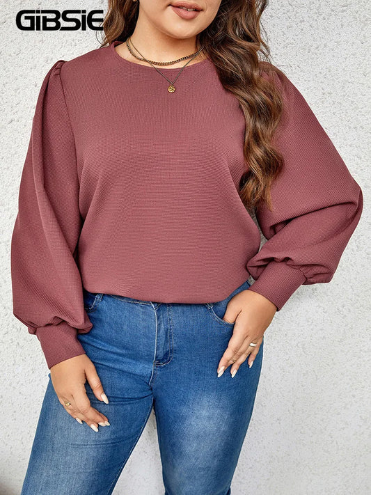 GIBSIE Plus Size Solid Waffle Knit Keyhole Back Blouse Women Autumn Fashion Loose Lantern Long Sleeve O-Neck Casual Blouses Tops