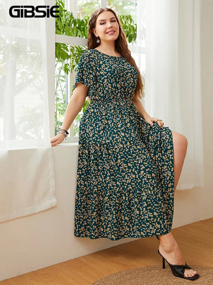 GIBSIE Plus Size Ditsy Floral O-Neck Ruffle Hem Dress Women Holiday Boho Summer Short Sleeve Elastic A-line Casual Long Dresses