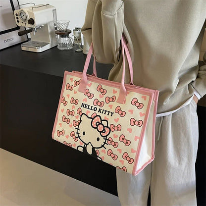 Hello Kitty All Match Retro Canvas Bag Women Commuter Shoulder Handbag Girl Student Large Capacity Cartoon Schoolbag