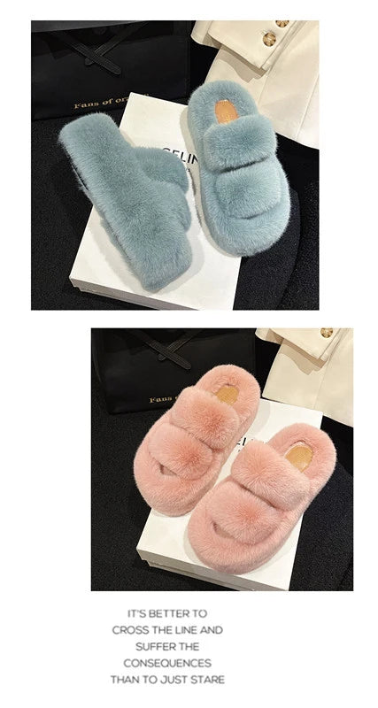 Woman Furry Ladies Fur Luxury Fluffy Plush Slipper House Soft Fuzzy Platform Indoor Casual Winter Home Warm High Heels Female