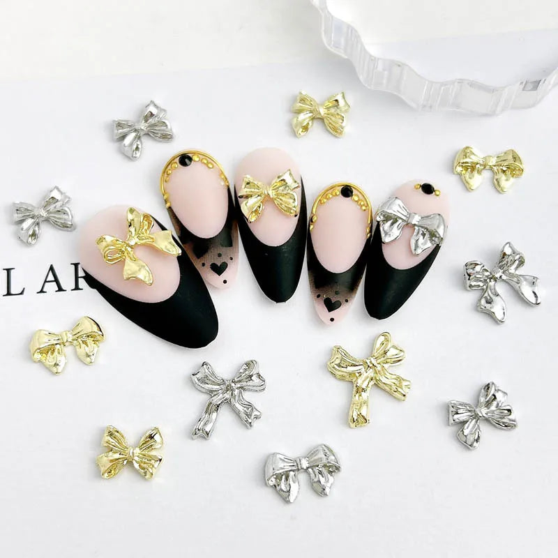 20pcs Metal Alloy Nail Charms Flatback Gold Silver Bowknot Nail Art Decorations DIY for Acrylic Nail Supplies Accessories