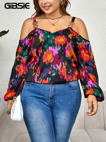 GIBSIE Plus Size Cold Shoulder V Neck Long Sleeve Print Blouses Women Fashion 2023 Spring Fall Sweet Casual Blouse Top Shirt