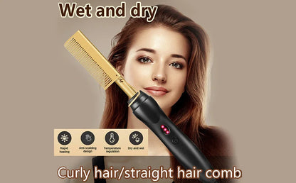 Hot Comb Hair Straightener Heat Pressing Combs Portable Ceramic Curling Iron for Hair Beard Wigs Wet and Dry Hair Styling Tools