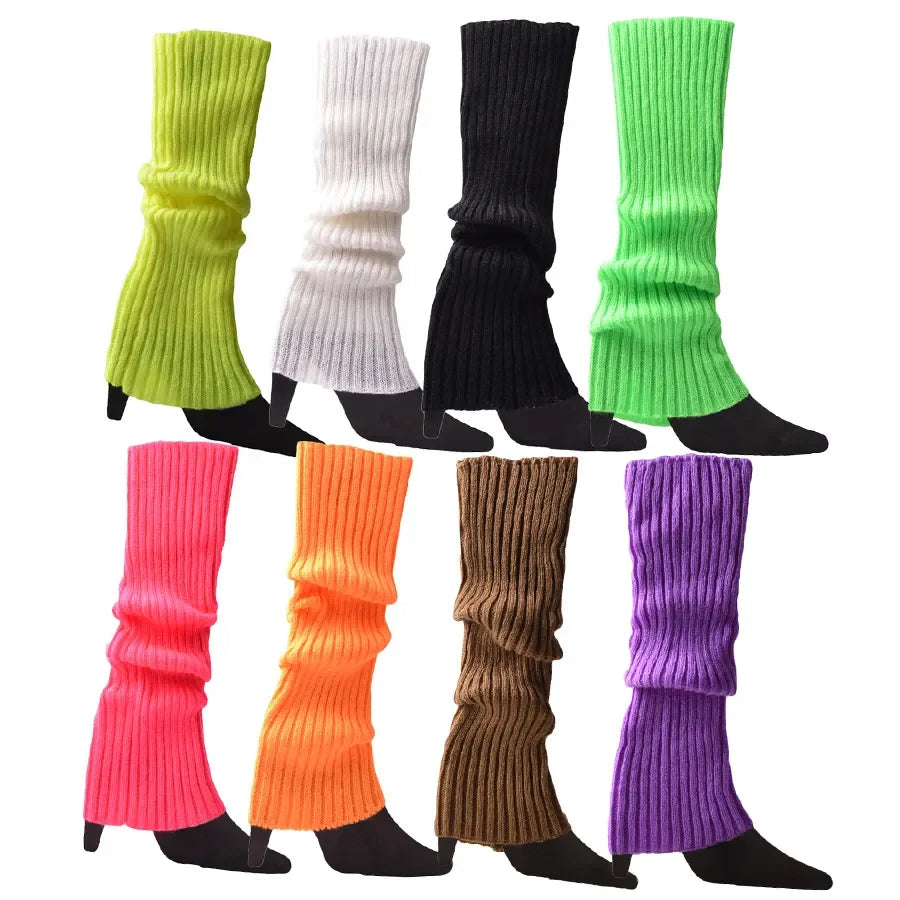 Women Halloween 80s Neon Colored Knit Leg Warmers Ribbed Bright Footless Socks Punk Black Knee High Gothic Hip-hop Rock Sock