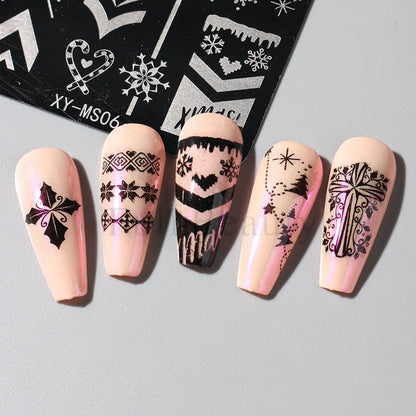 Cartoon Nail Stamping Plate Winter Cute Christmas Penguin Snowman Snowflake Leaf Nail Printing Stencil Templates Manicure Tools