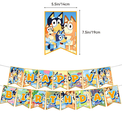 Cute Bluey family Dog Birthday Party cutlery plate Disposable Banner Cake Topper Hanging Flag Balloons Set Birthday Decorations