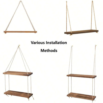 1PC Wooden Swing Hanging Hemp Rope Wall Shelve Mounted Floating Home Living Room Plant Flower Pot Tray Storage Garden Decoration