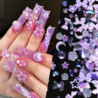 100Pcs White Heart Pearls Flower 3D Nail Charms Star Butterfly Beads Nail Art Crafts DIY Jewelry Making Mixed Nail Accessories