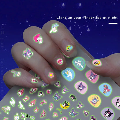 5pcs/set Luminous Kuromi 3D Nail Stickers Sanrio Melody Hello Kitty Nail Art Decoration Stickers Kids Fun Anime Manicure Decals