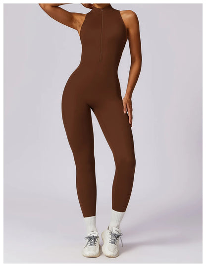 V Back One-piece Suit Women Sports Jumpsuit  Zippers Yoga Rompers Backless Sportswear Women Sleeveles Workout Bodysuits Female