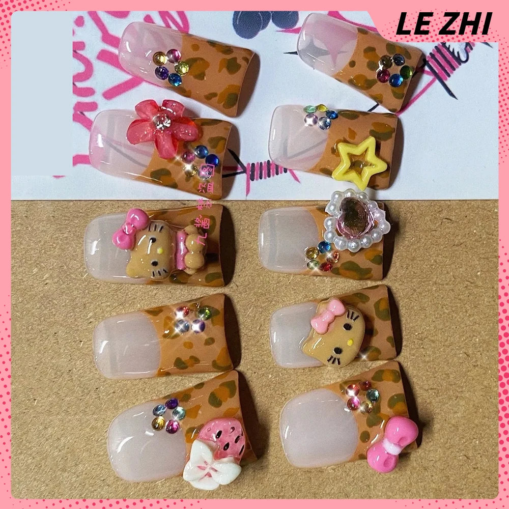 Kawaii Duck-bill Shape French Press on Nails Hello Kitty Leopard Print Hawaiian Black Bark KT Handmade Full Cover Nail Tips Gift