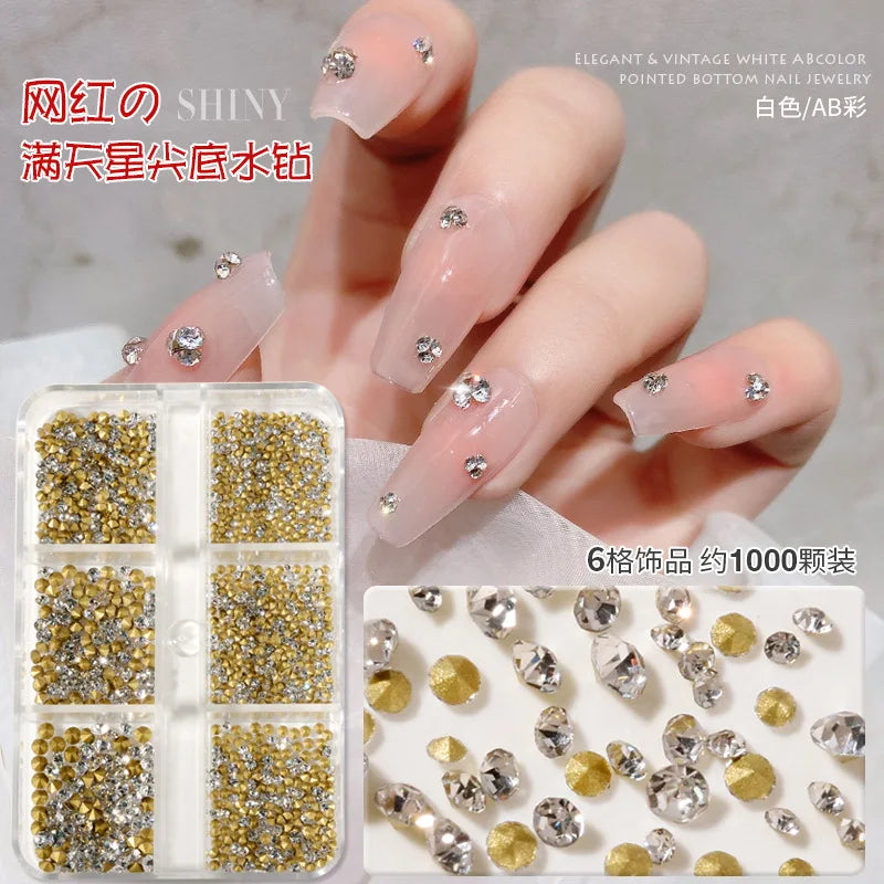 6 Grids/Box Crystal Broken Diamond Glass Nail Rhinestone AB Color Flat/Pointed Nail Gemstone Brilliant Nail Art Decoration Stone