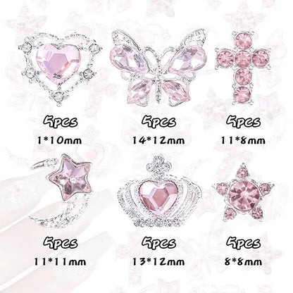 30Pcs Pink Nail Charms Alloy Rhinestones 3D Star Butterfly Heart Cross Gem Nails Crystal Diamond Nail Art Decoration Accessories