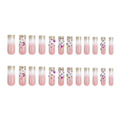 24Pc Long Square Press on Nails False Nails with Sparkling Diamond French Coffin Fake Nail Wearable Full Cover Acyrlic Nail Tips