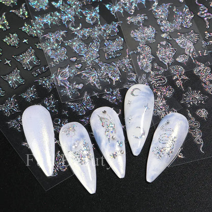 Laser Butterfly Stickers For Nails Holographic Snake Dragon Heart Star Moon Adhesive Sliders 3D Nail Art Decal Decoration LASTZX