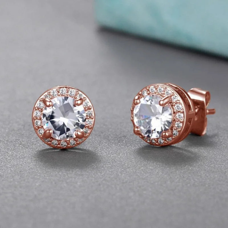 Charm Square Round Stud Earrings White Green Blue Stone Silver Gold Rose Gold Color Earrings Women Jewelry